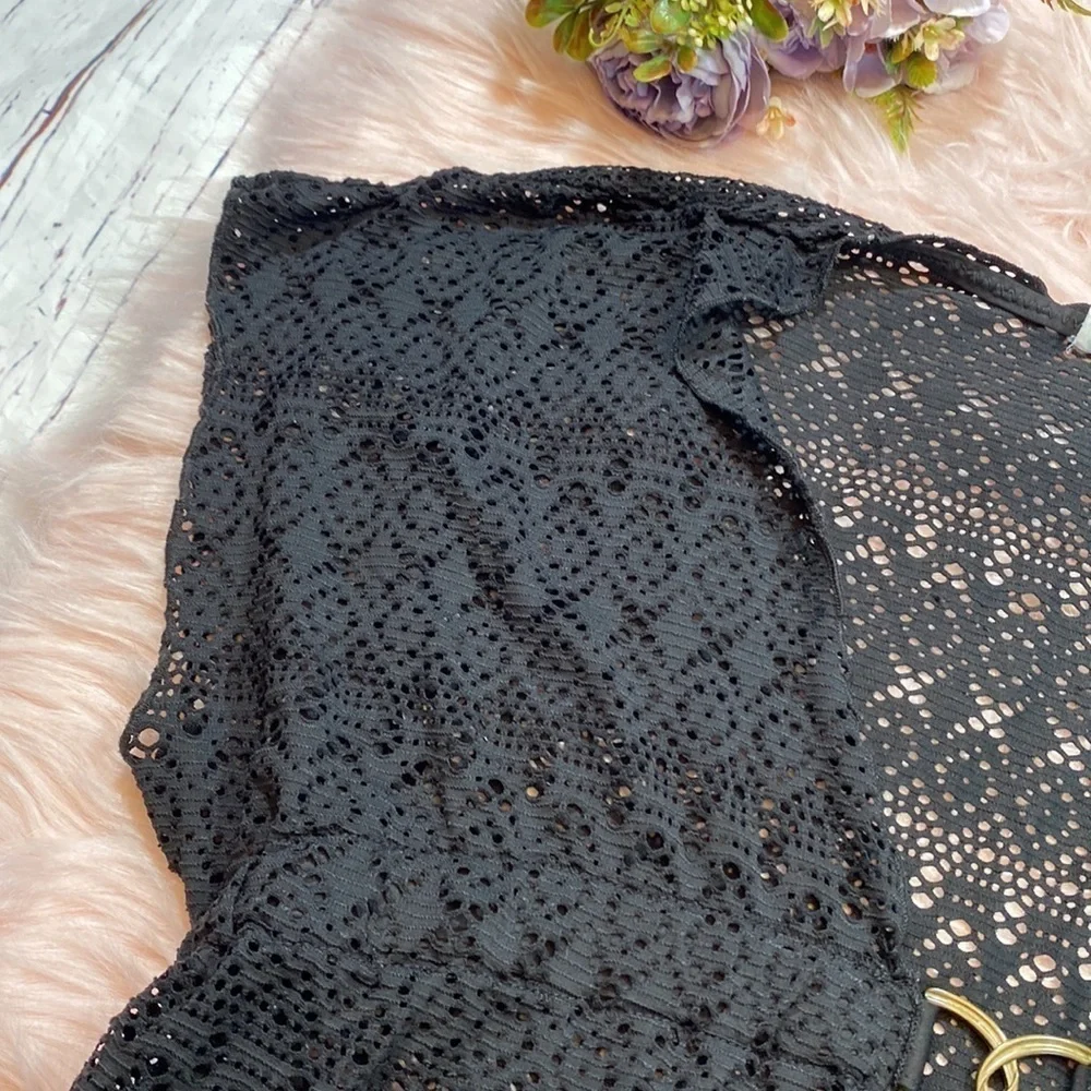 BECCA Swimwear Mesh Short Sleeve Swim Coverup Dress Black sz M-L
